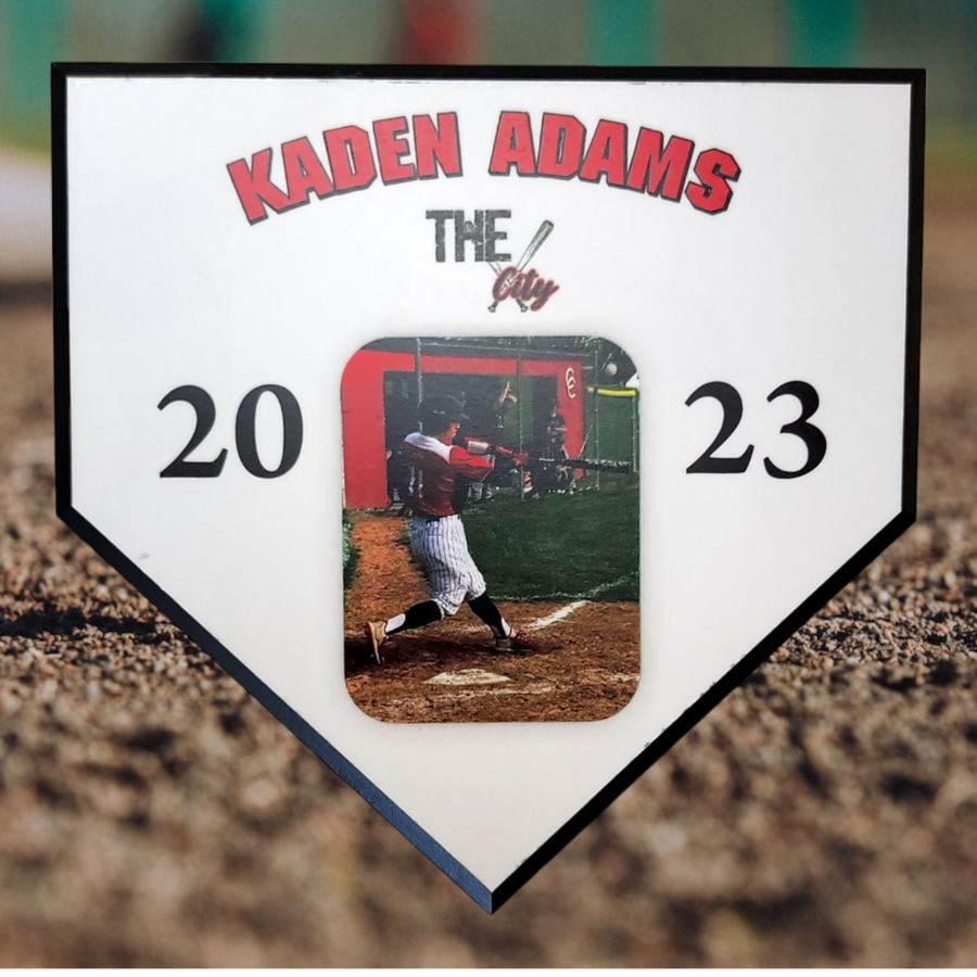 Custom photo baseball home plate printed with your players name number and team logo.  