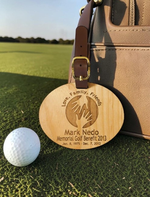 Charity golf tournament bag tags.