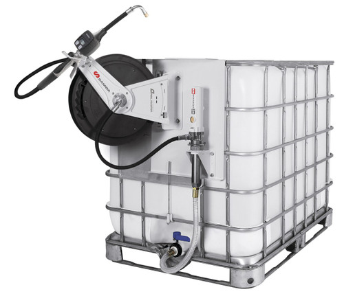 SAMOA Pumpmaster 2, 3:1 Ratio Air Operated Side Mounted Oil Pump Package for 1000 Litre IBC with 10m Single Arm Hose Reel
