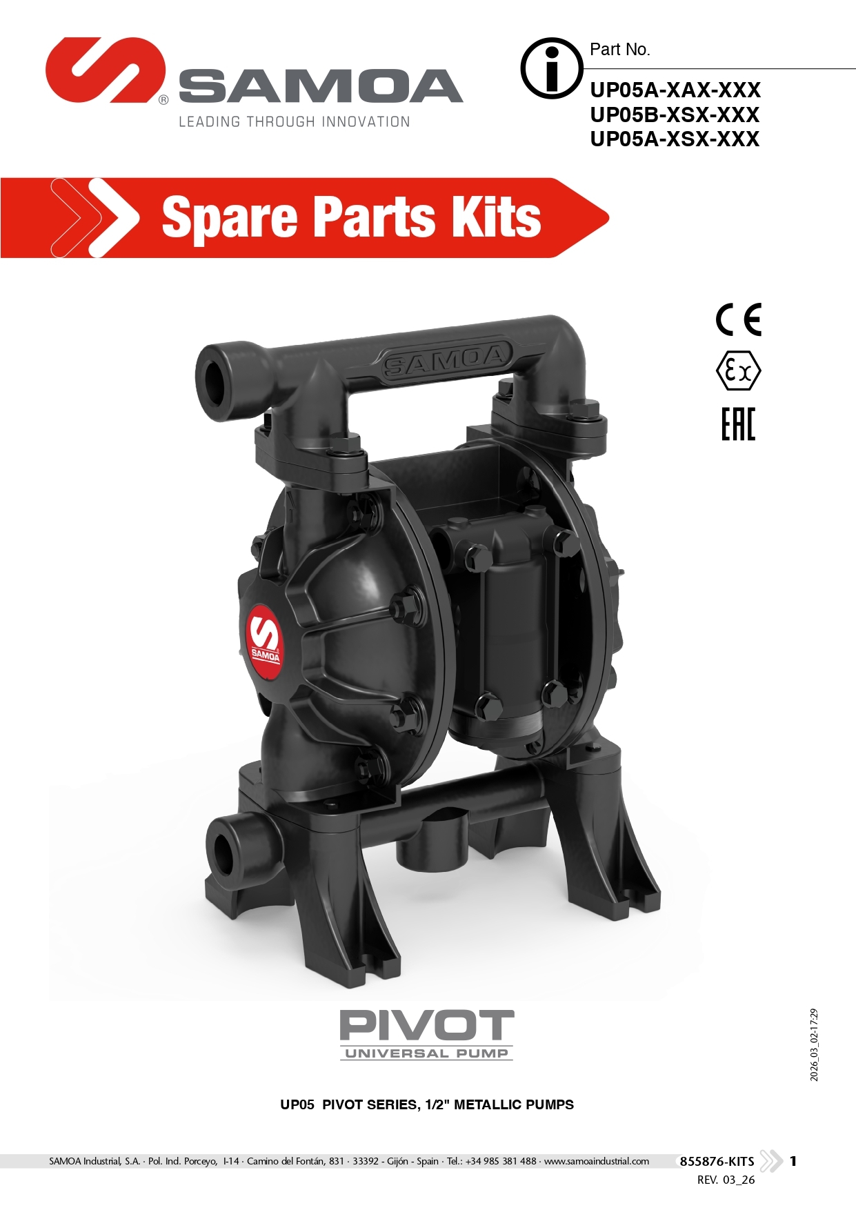 Spare Parts Listing for UP05A/UP05B Pumps