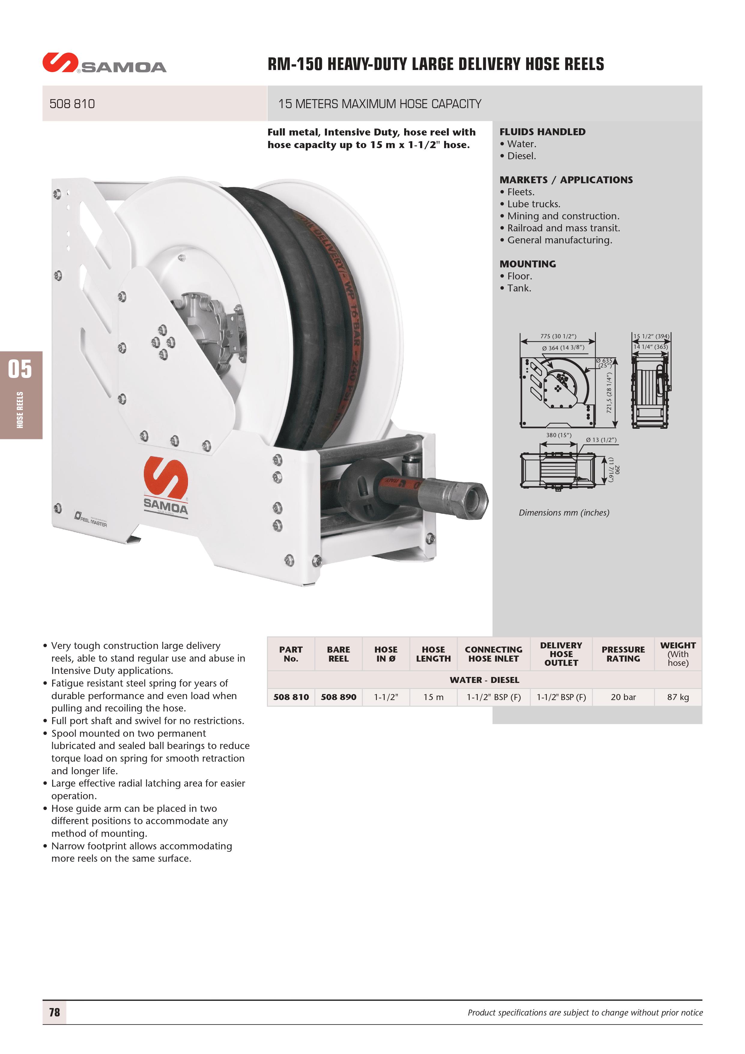 SAMOA RM150 Heavy-Duty Large Delivery Hose Reel for Water & Diesel