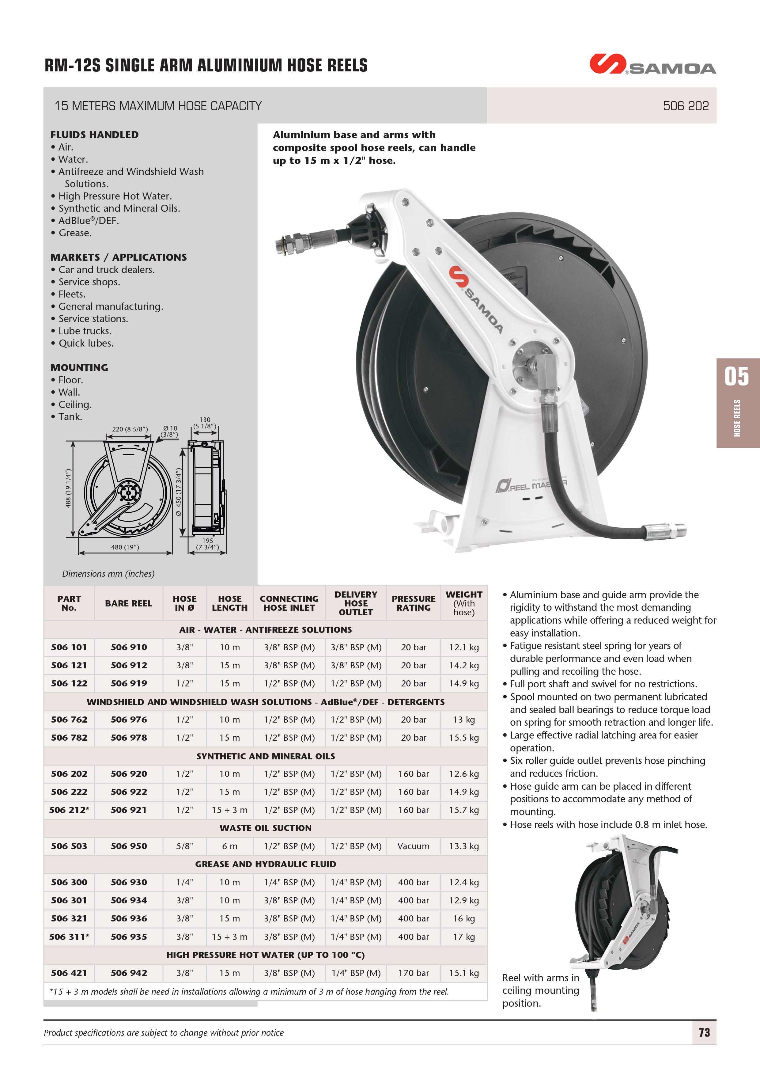 SAMOA RM12CL Individually Enclosed Hose Reel for Air/Water/Antifreeze  Solutions - 10m x 3/8