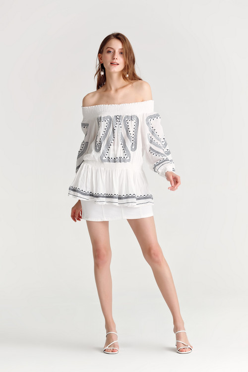 Embroidery Long Sleeve Shirred Off Shoulder Top