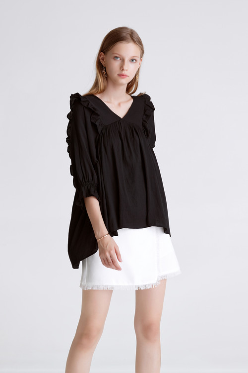 V-Neck Solid Frill Linen Blouse