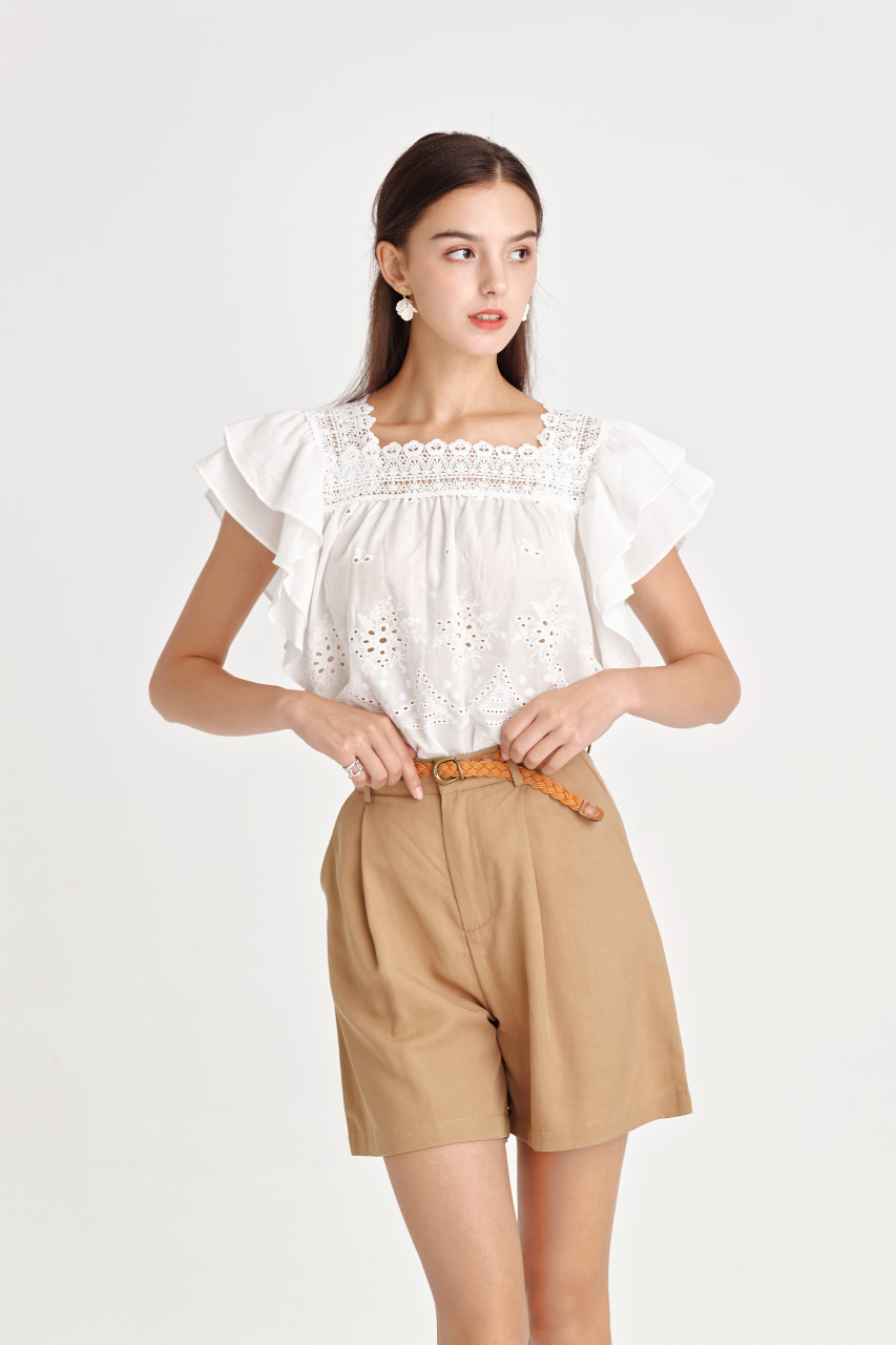 Casual Boho Eyelet Fabric Square Neck Top
