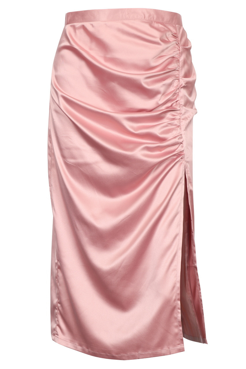 Pink Satin Side Shirring Midi Skirt - OJAY