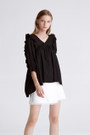 V-Neck Solid Frill Linen Blouse