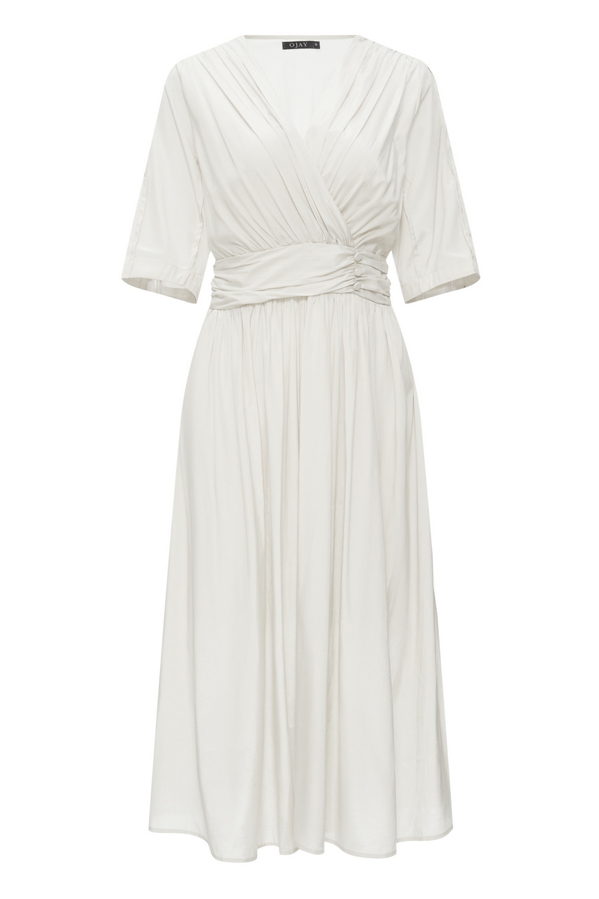 OJAY Wrap Waist Shirring Half Sleeve Midi Dress - Picture 17 of 19