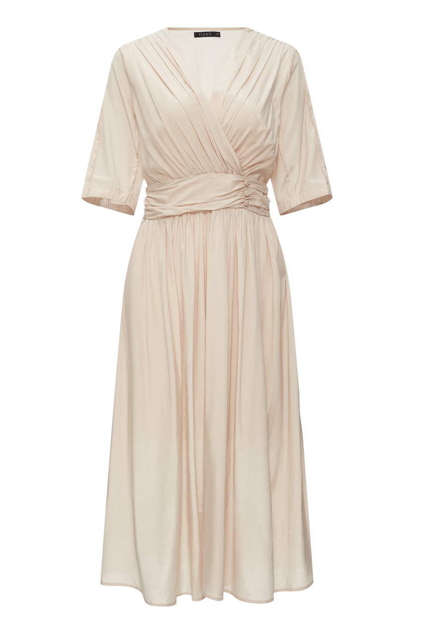 OJAY Wrap Waist Shirring Half Sleeve Midi Dress - Picture 19 of 19