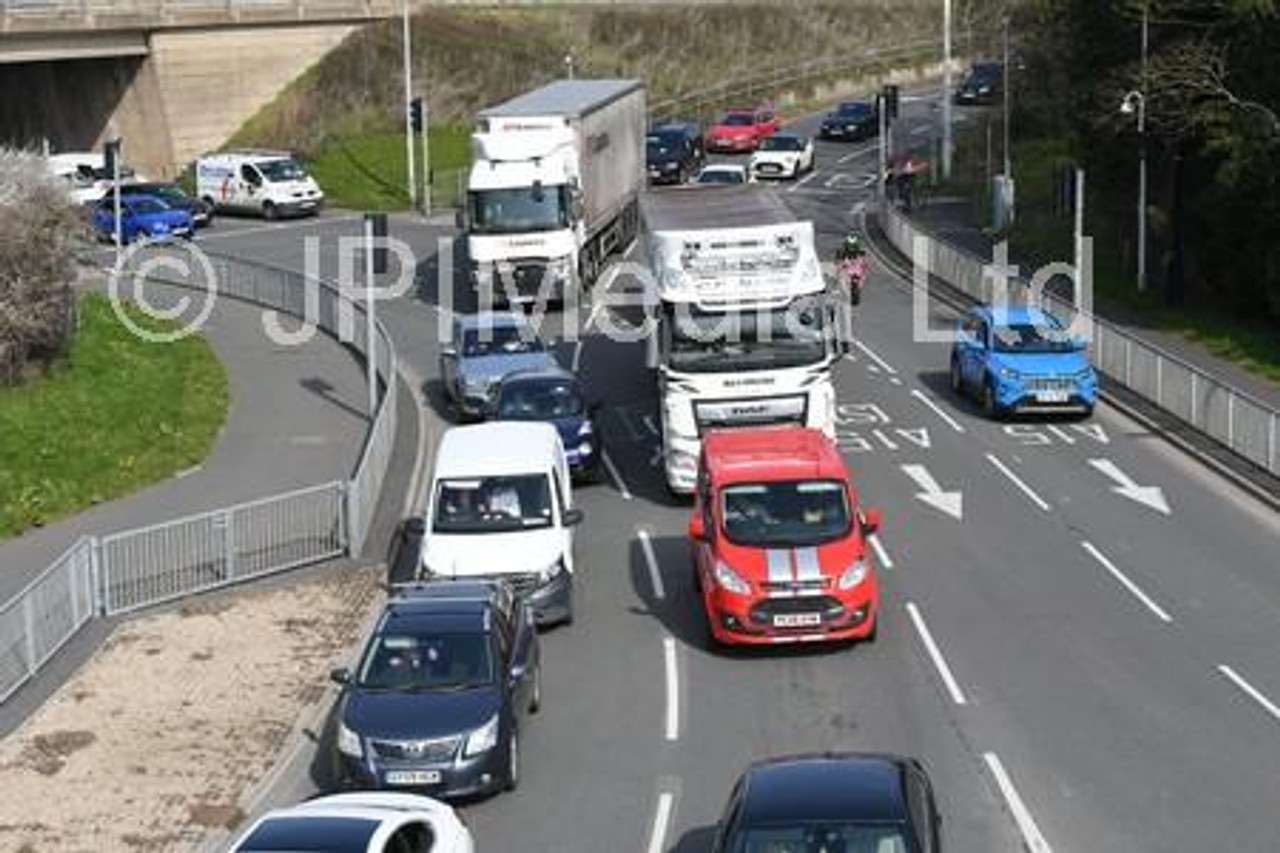 39385657 Traffic queues at Rhubarb Bridge where the A47 was closed