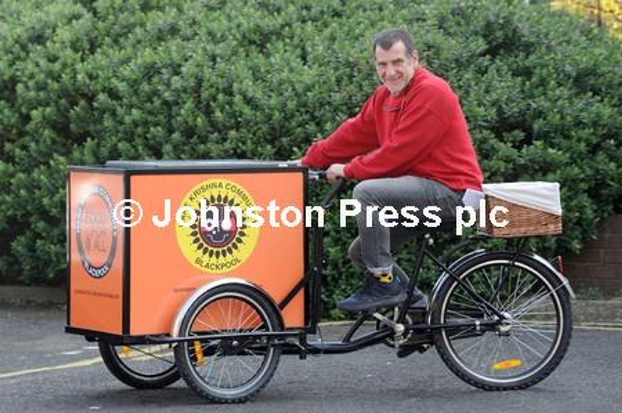 37629497-Hare Krishna Community Blackpool have a new tricycle to help  deliver food to the homeless. Pictured is Gavin Hendrie. - National World |  Newsprints