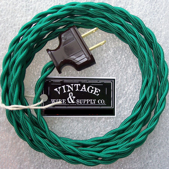 Green Rayon ClothCovered Electrical Wire Kit with antique style plug