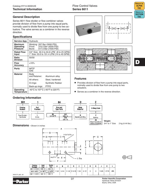 X-7021 Kewanee X7021 3/8" Divider VALVE. Teledyne Parker Republic MFG 6611-3/8D2, 6611 Divider Valve.