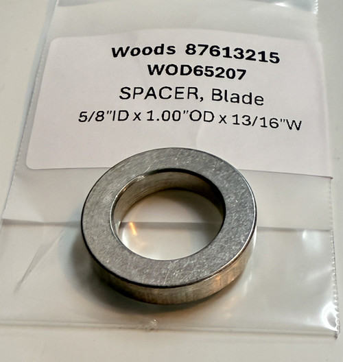 WOD65207 Woods 5/8" x 1.00"OD x 3/16"W. SPACER,  Ford New Holland 87613215 Replaces 21471R1, 479845R1, 495-81175(is a thin washer .059"T.), 578274R1, W0D6520, 65207. Rotary 17-1199, Oregon 02-455.