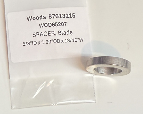 WOD65207 Woods 5/8" x 1.00"OD x 3/16"W. SPACER,  Ford New Holland 87613215 Replaces 21471R1, 479845R1, 495-81175(is a thin washer .059"T.), 578274R1, W0D6520, 65207. Rotary 17-1199, Oregon 02-455.