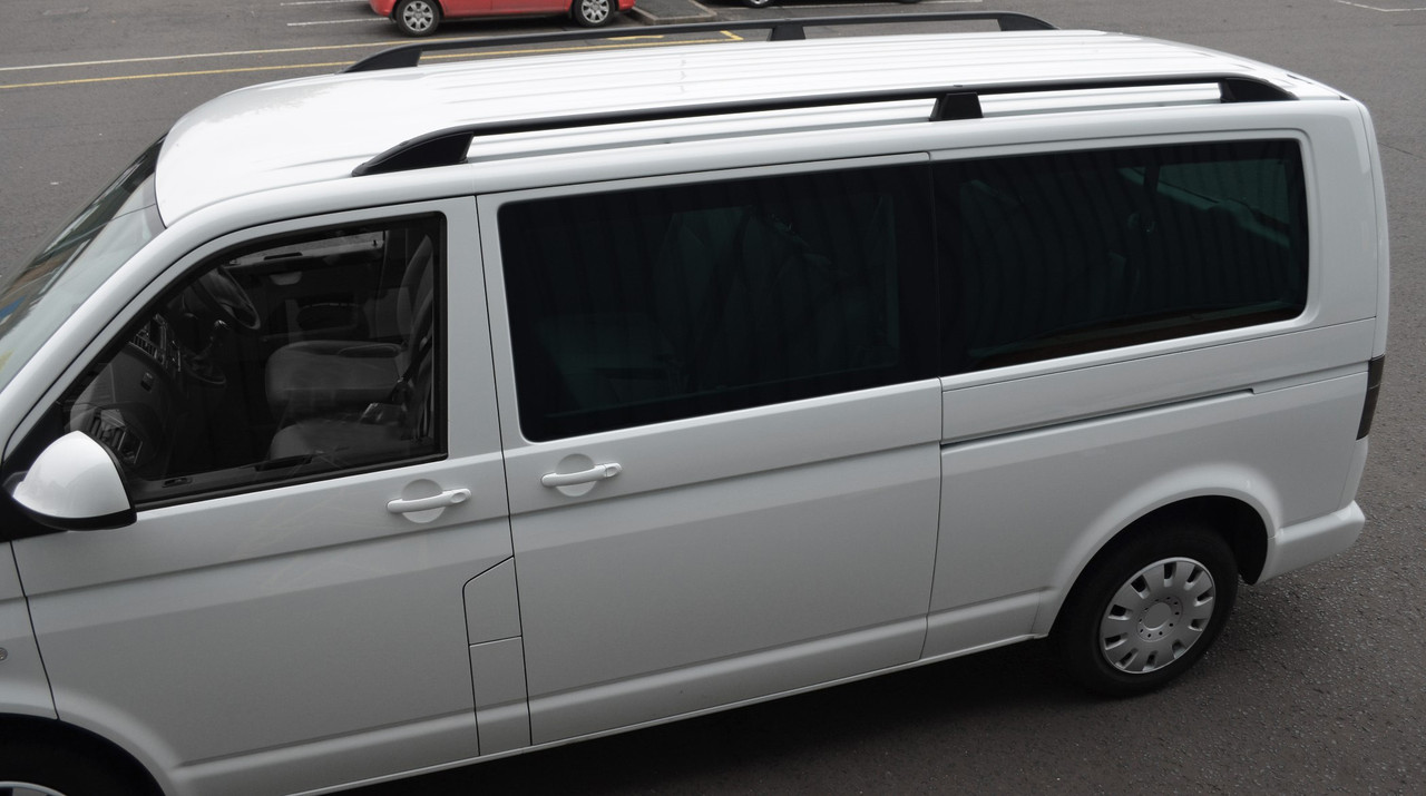 Black Roof Rack Rails Side Bars To Fit LWB Volkswagen T5 Caravelle (2004-15)