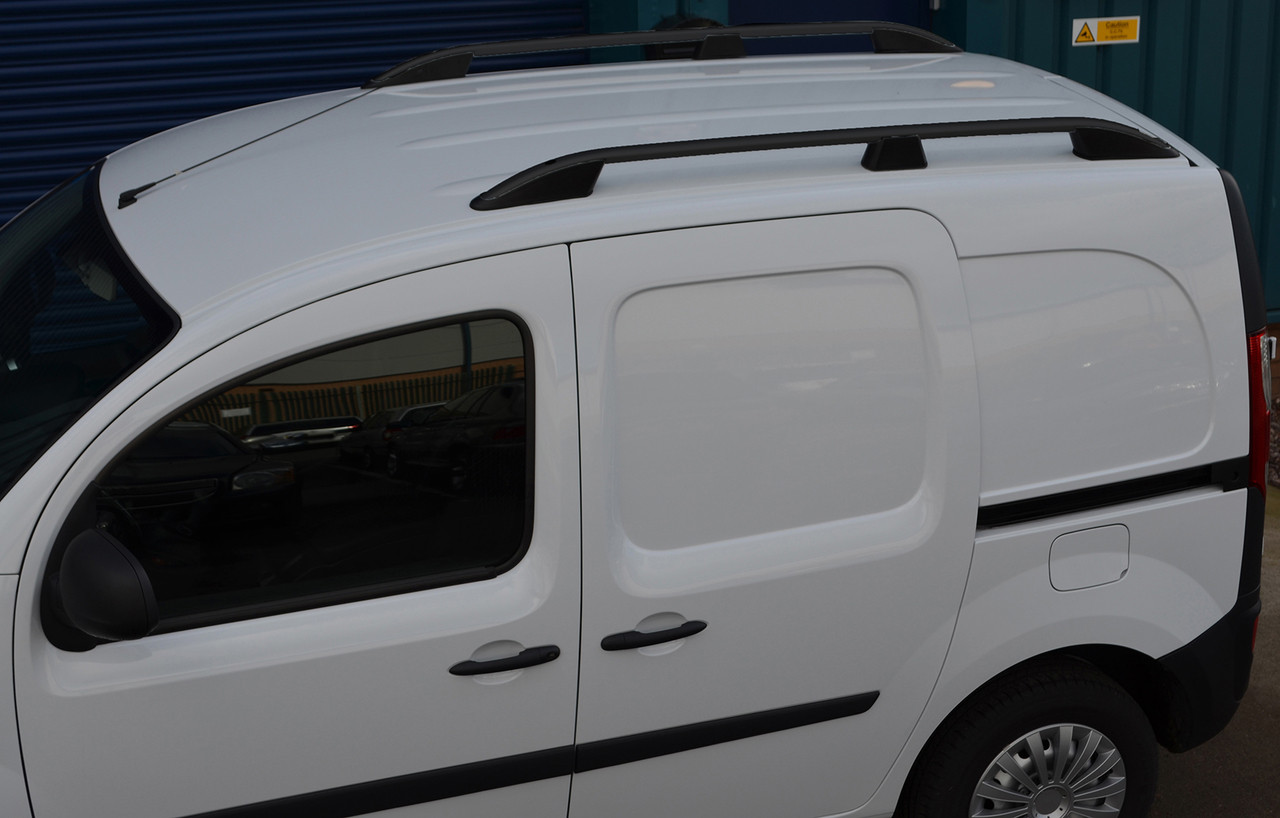 Black Aluminium Roof Rack Rails Side Bars Set To Fit LWB Renault Kangoo (2008+)