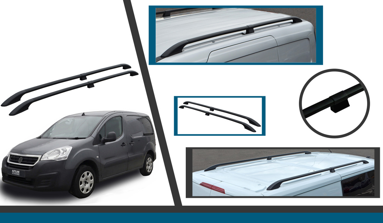 Black Aluminium Roof Rack Rails Side Bars To Fit Peugeot Partner (2008-18)