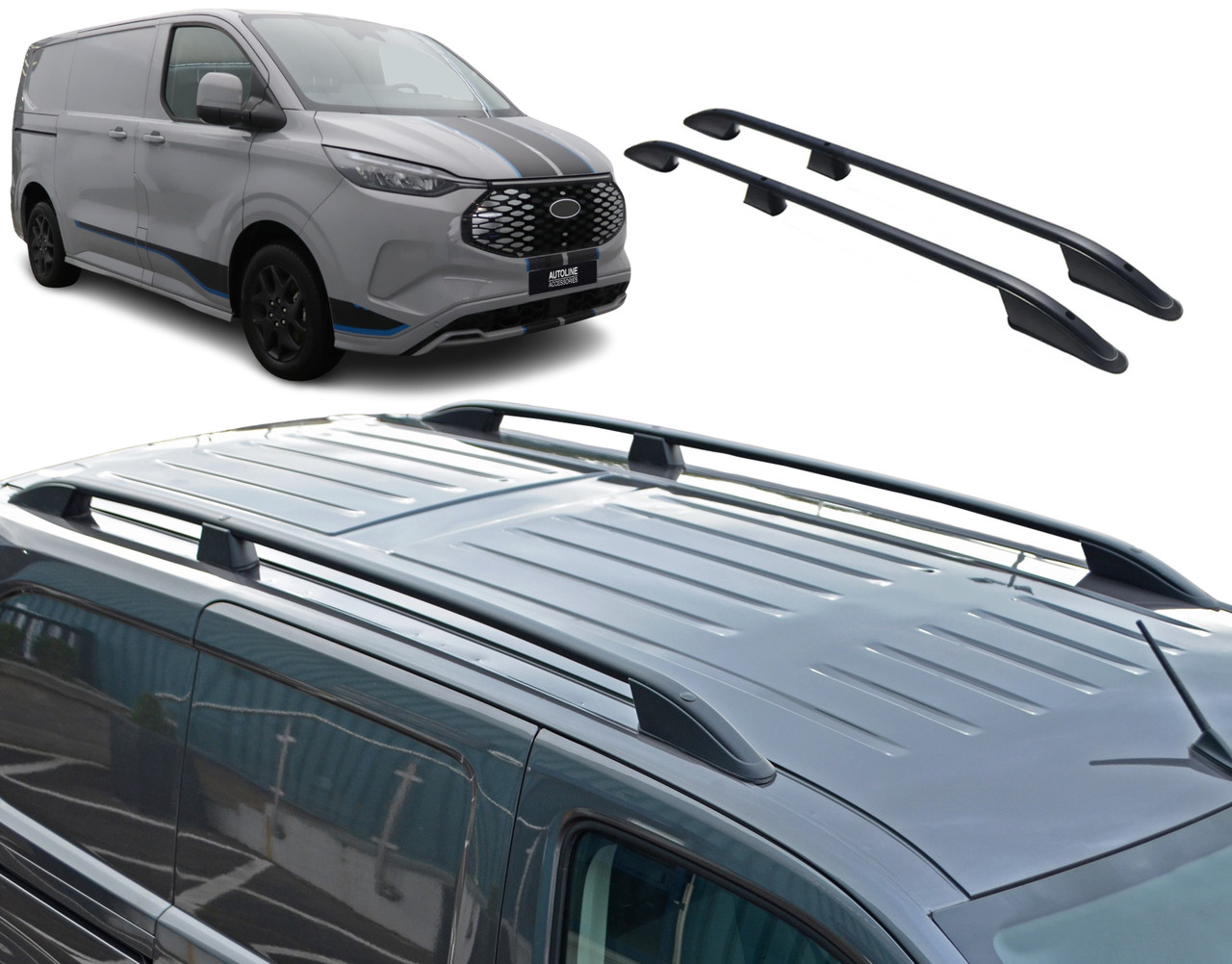 Black Aluminium Roof Rack Rails Side Bars For L2 LWB Ford Transit Custom (2024+)