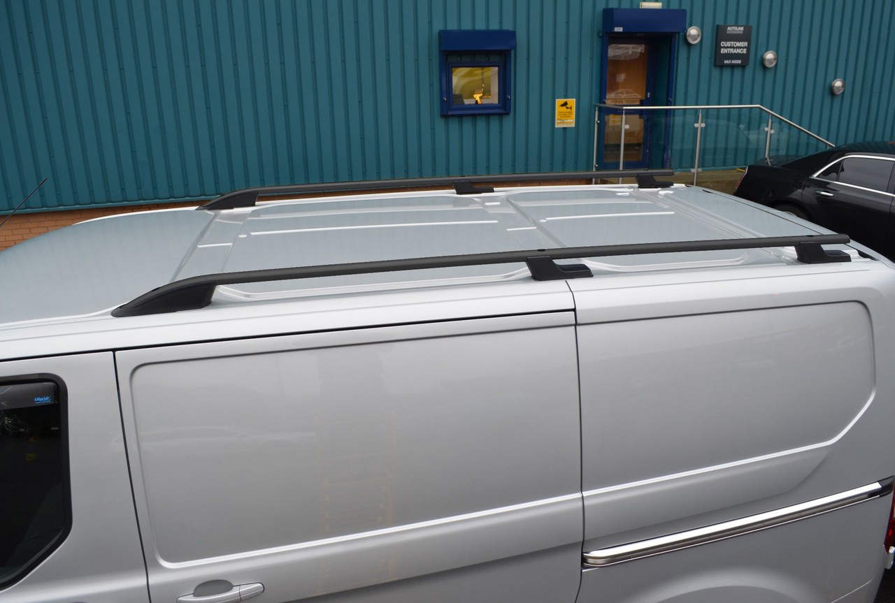 Black Alu Roof Rack Rails Side Bars Set To Fit LWB Ford Transit Custom (2012+) Autoline