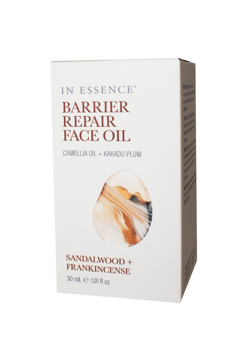 In Essence Barrier Repair Face Oil product box featuring product name, ingredients like camellia oil and Kakadu plum, and a marble design drop illustration.