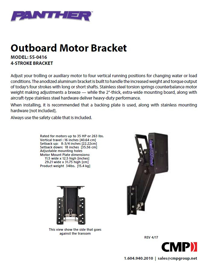 Panther Outboard Motor Bracket 4 Stroke with 16" Vertical Travel