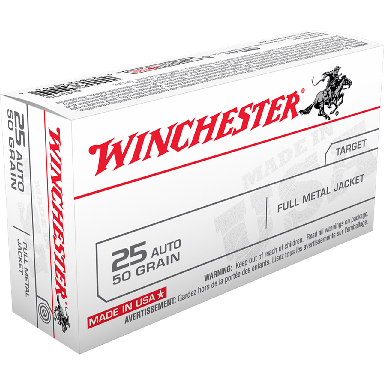 Winchester USA Pistol Ammo 25 ACP 50 gr. FMJ 50 rd.