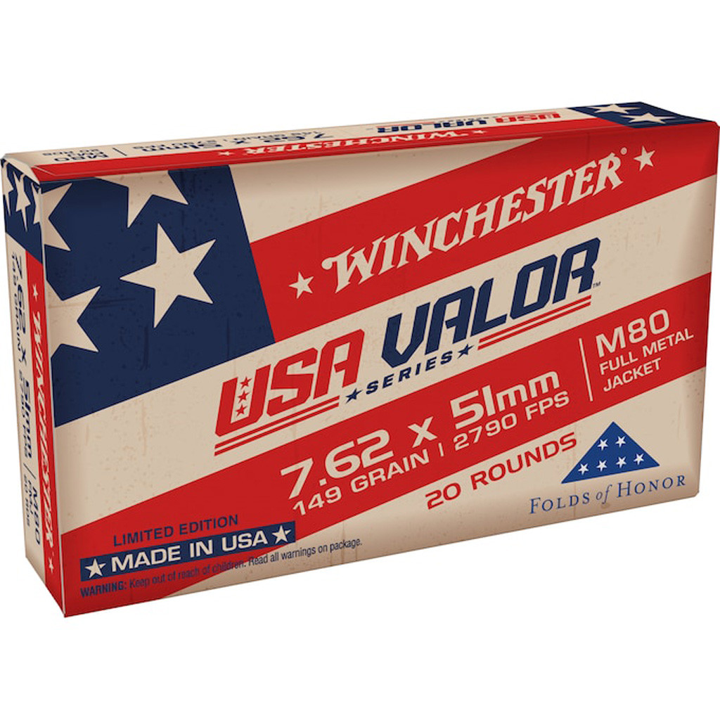 Winchester USA Valor Rifle Ammo 7.62x51mm 149 gr. FMJ 20 rd.