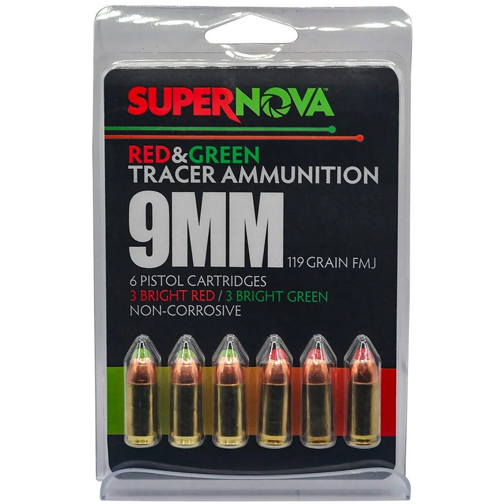 Supernova Tracer Pistol Ammunition  9mm 119 gr. FMJ Green & Red Tracer 6 rd.
