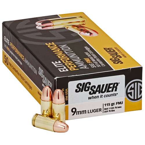 Sig Sauer Elite Performance Pistol Ball Ammo 9mm FMJ 115gr 50rd