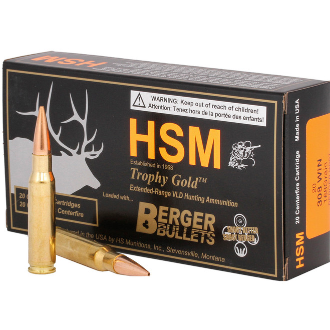 HSM Trophy Gold Rifle Ammunition 308 Win. Berger 168 gr. 20 rd. HSM Trophy Gold Rifle Ammunition 308 Win. Berger 168 gr. 20 rd.