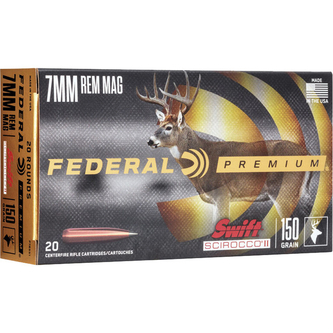 Federal Premium Rifle Ammo 7mm Rem. Mag. 150 gr. Swift Scirocco 20 rd. Federal Premium Rifle Ammo 7mm Rem. Mag. 150 gr. Swift Scirocco 20 rd.