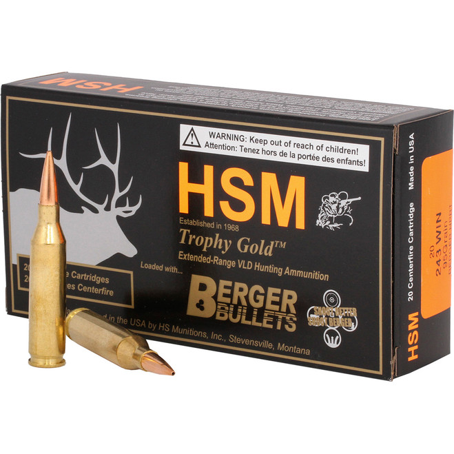 HSM Trophy Gold Rifle Ammunition 243 Win. Berger 95 gr. 20 rd. HSM Trophy Gold Rifle Ammunition 243 Win. Berger 95 gr. 20 rd.