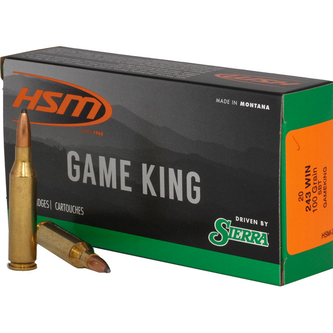 HSM Game King Rifle Ammunition 243 Win. Sierra Spitzer BT 100 gr. 20 rd. HSM Game King Rifle Ammunition 243 Win. Sierra Spitzer BT 100 gr. 20 rd.