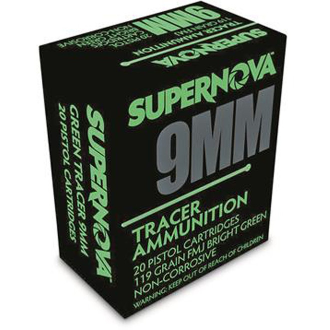 Supernova Tracer Pistol Ammunition  9mm 119 gr. FMJ Green Tracer 20 rd.