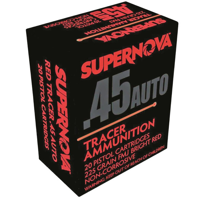 Supernova Tracer Pistol Ammunition  45 Auto 225 gr. FMJ Red Tracer 20 rd.