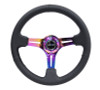 NRG Reinforced Steering Wheel (350mm / 3in. Deep) Blk Leather/Blk Stitch w/Neochrome Slits