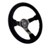 NRG Reinforced Steering Wheel (350mm / 3in. Deep) Blk Suede w/Red BBall Stitch & Black 3-Spoke