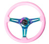 NRG Classic Wood Grain Steering Wheel (350mm) Solid Pink Painted Grip w/Neochrome 3-Spoke Center