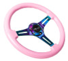 NRG Classic Wood Grain Steering Wheel (350mm) Solid Pink Painted Grip w/Neochrome 3-Spoke Center