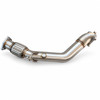 Angled side profile of HARDmotion Hyper-Flow stainless downpipe