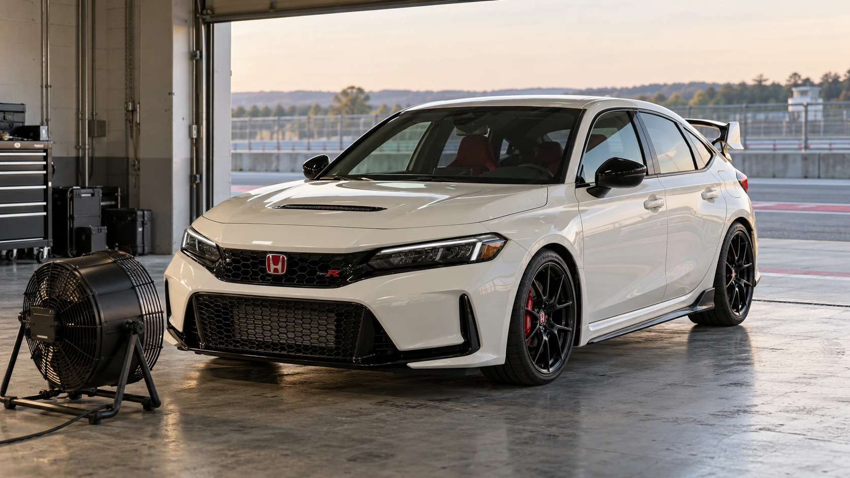 AI-generated white FL5 Honda Civic Type R parked in a pit garage with a floor fan aimed toward the front grille.