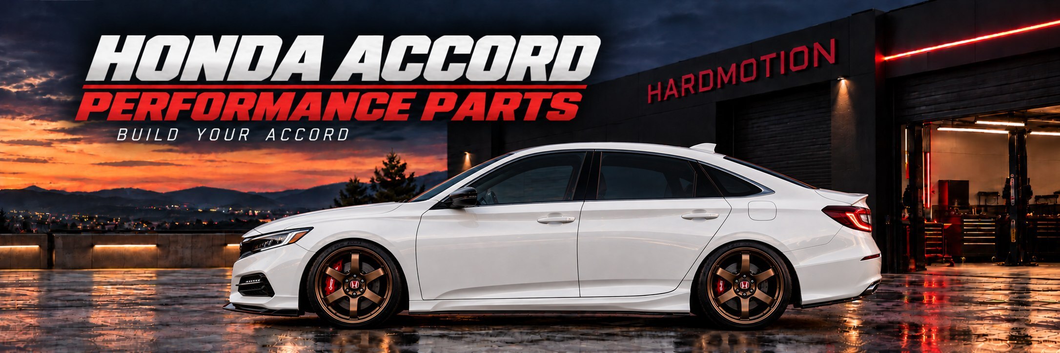 White modified Accord in side profile outside the HARDMOTION workshop