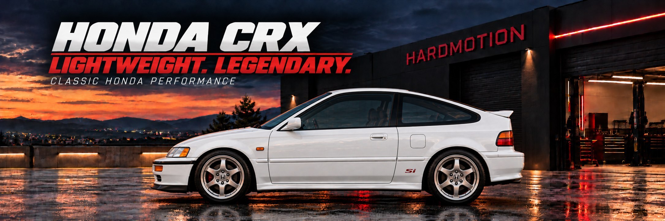 White modified CRX in side profile outside the HARDMOTION workshop