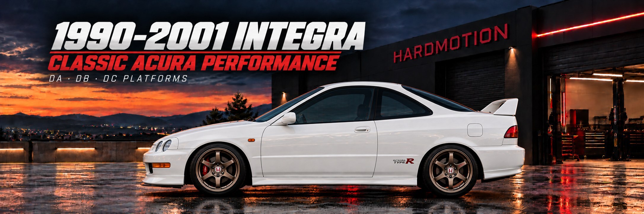 White modified Classic Integra in side profile outside the HARDMOTION workshop