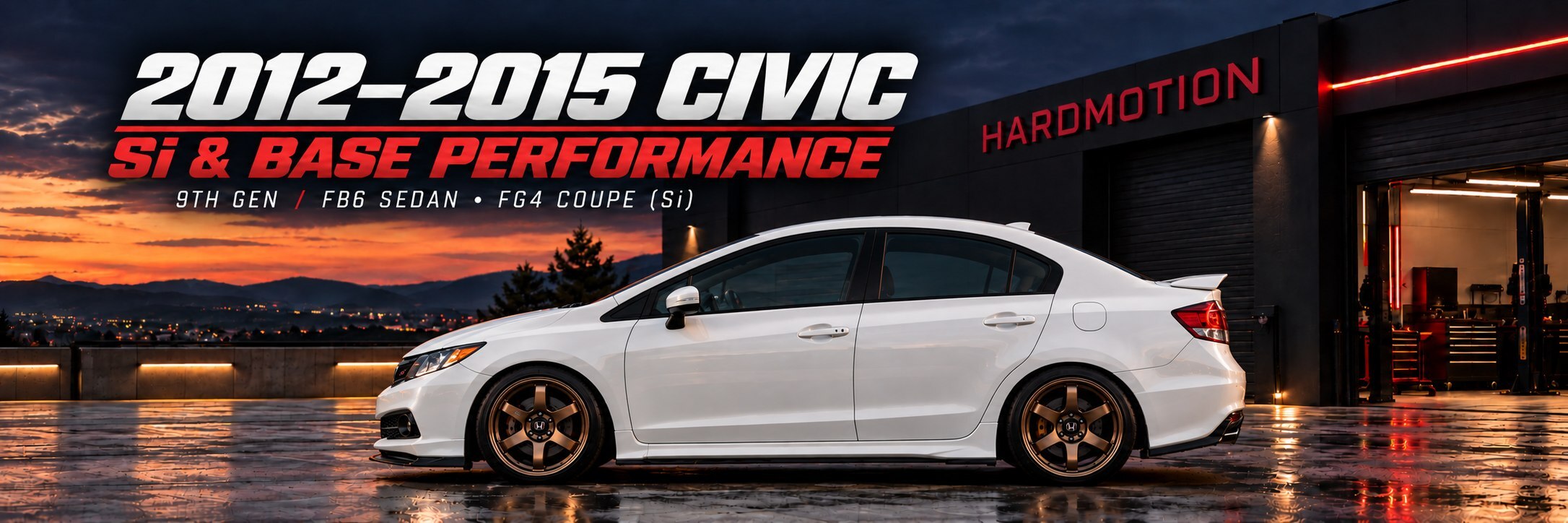 White modified 9th Gen Civic in side profile outside the HARDMOTION workshop