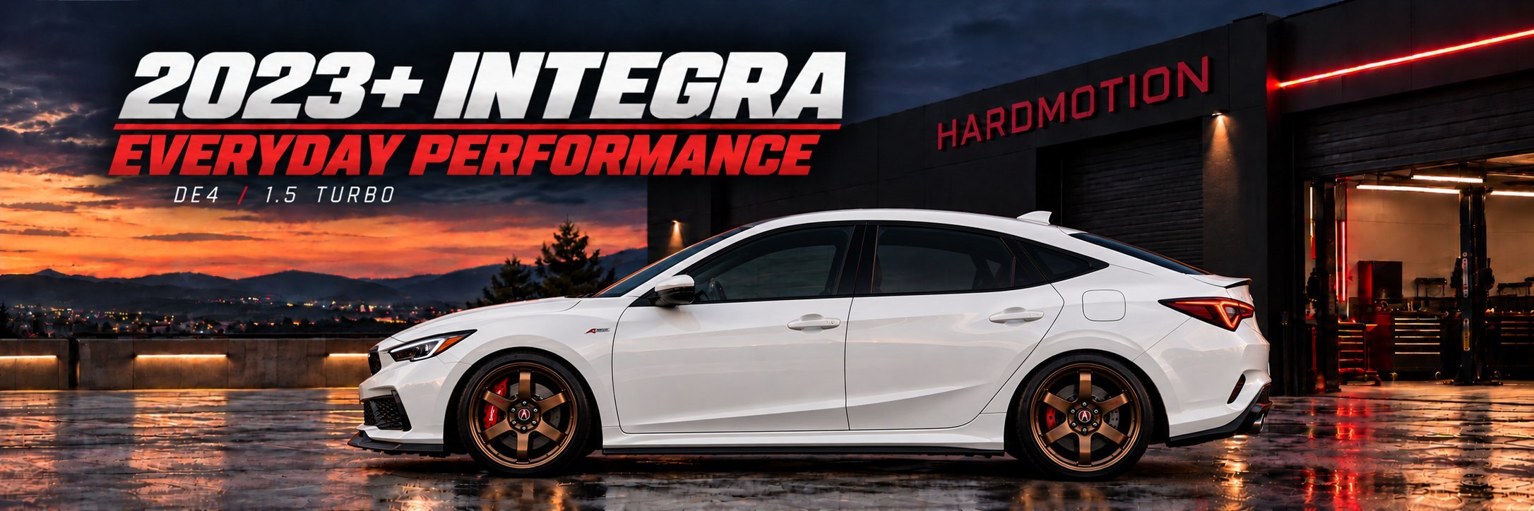 White modified 5th Gen Integra in side profile outside the HARDMOTION workshop