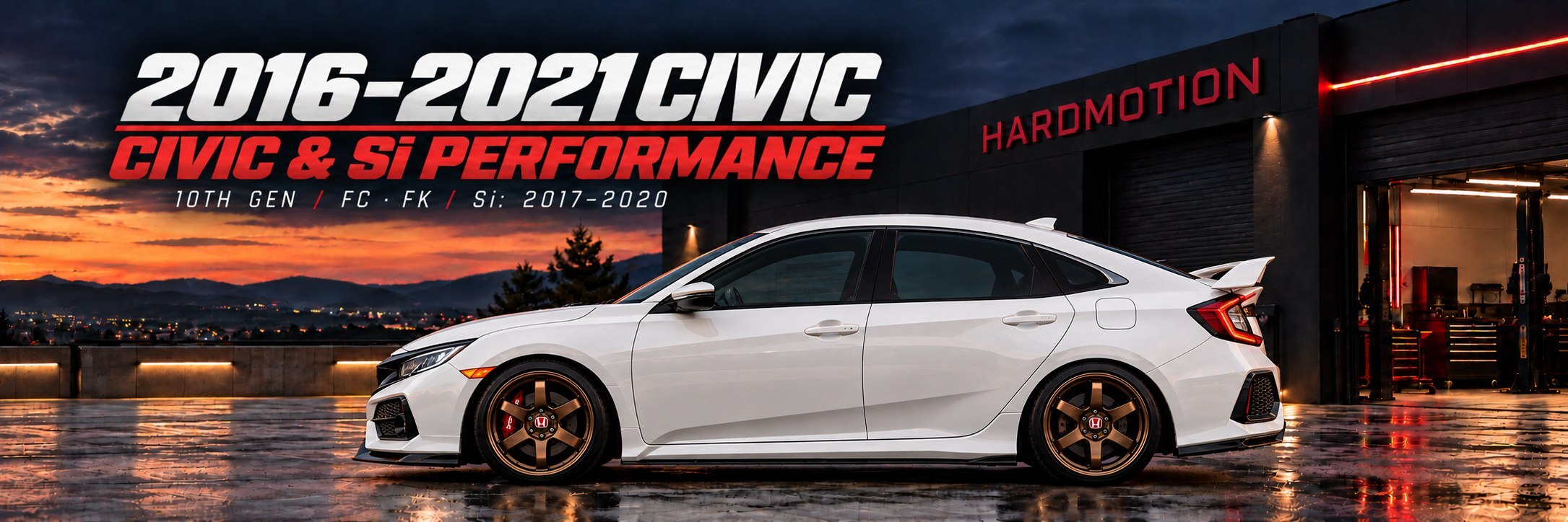 White modified 10th Gen Civic in side profile outside the HARDMOTION workshop