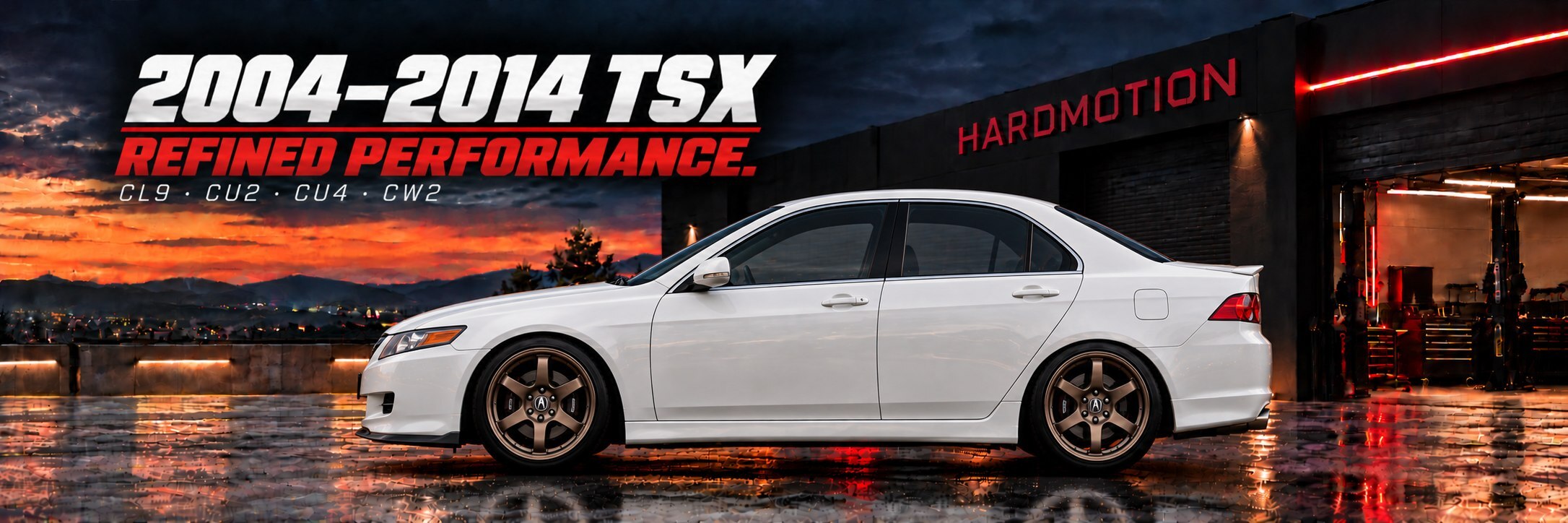 White modified TSX in side profile outside the HARDMOTION workshop