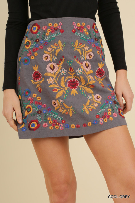 Julia Floral Embroidered Skirt - Grey